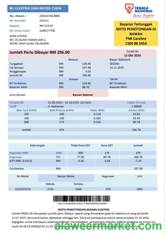 Malaysia Tenaga Nasional electricity utility bill template in Word and PDF format